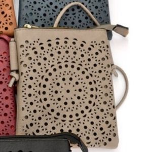 Kara and Kate perforated Mandala accent crossbody bag sage green